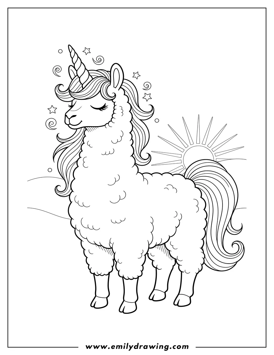 Printable coloring page of picture Unicorn Llama 1 Scaled, a fluffy llama standing with closed eyes