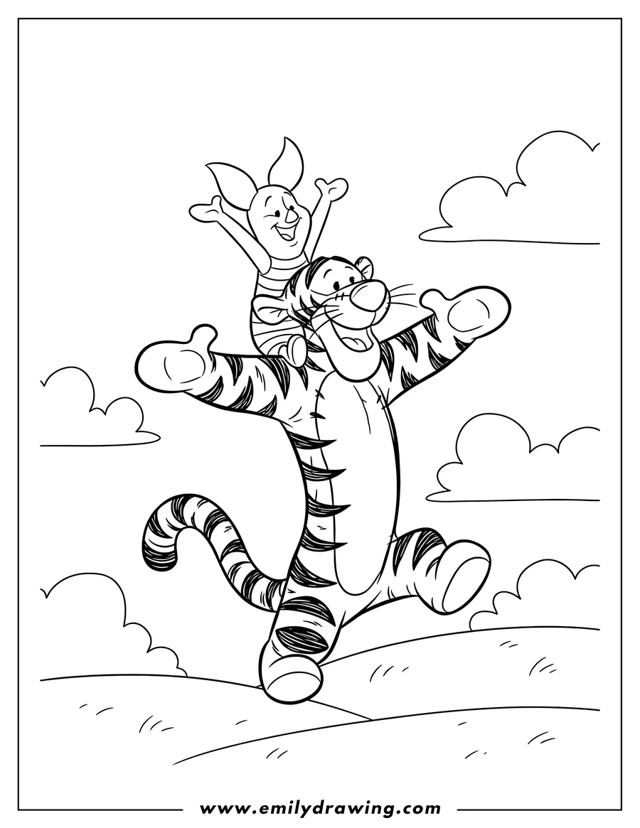 Doodle style coloring picture of piglet with arms raised riding on Tigger's bouncing shoulders