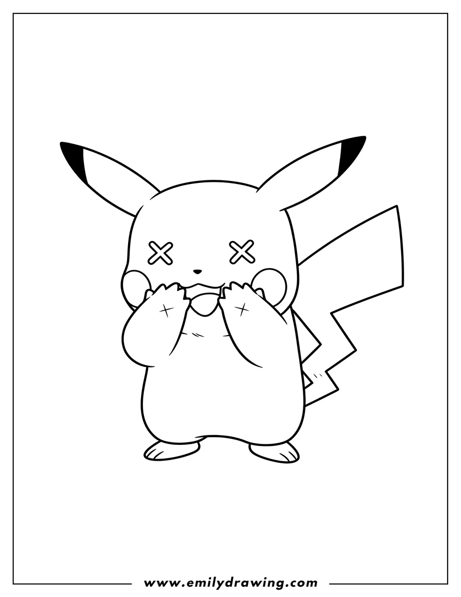 Printable line art of cute Pikachu Kaws Companion with X-eyes, hands over face, smiling