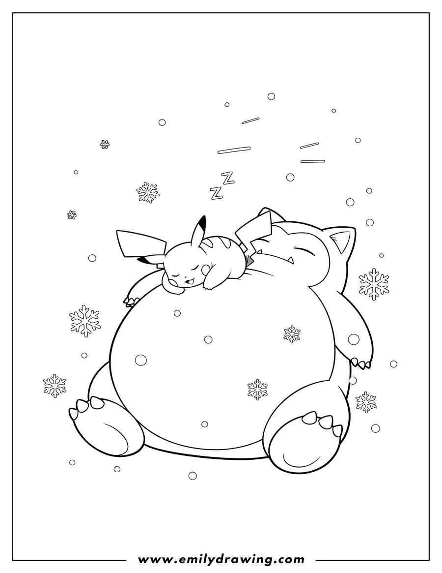 High quality printable pikachu sleeping on Snorlax's sleeping belly, with falling snow for coloring