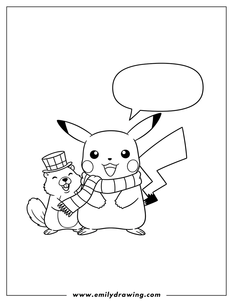 Full page coloring image of pikachu wearing a scarf and a groundhog wearing a hat, with a speech bubble saying 'Happy Groundhog Day!'