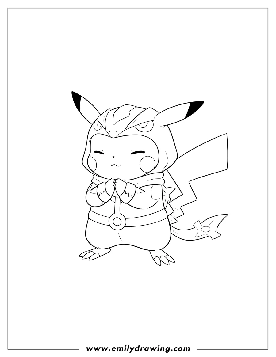 Outline drawing of cute Pikachu wearing a Greninja costume, with closed eyes and paws pressed together