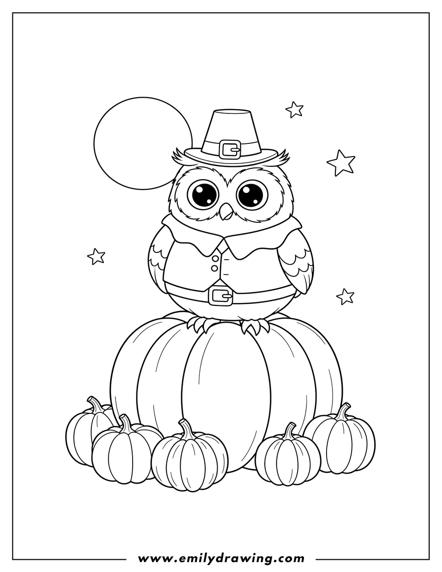 Clean line drawing: cute Pilgrim Owl with big eyes perched on a large pumpkin, surrounded by small pumpkins, under a full moon night sky