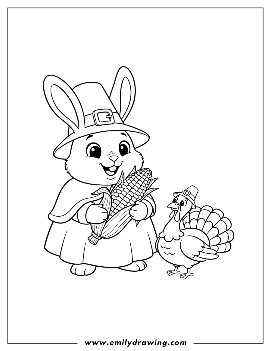 Simple sketch of cute Pilgrim Rabbit smiling and holding corn with a Turkey looking up to color