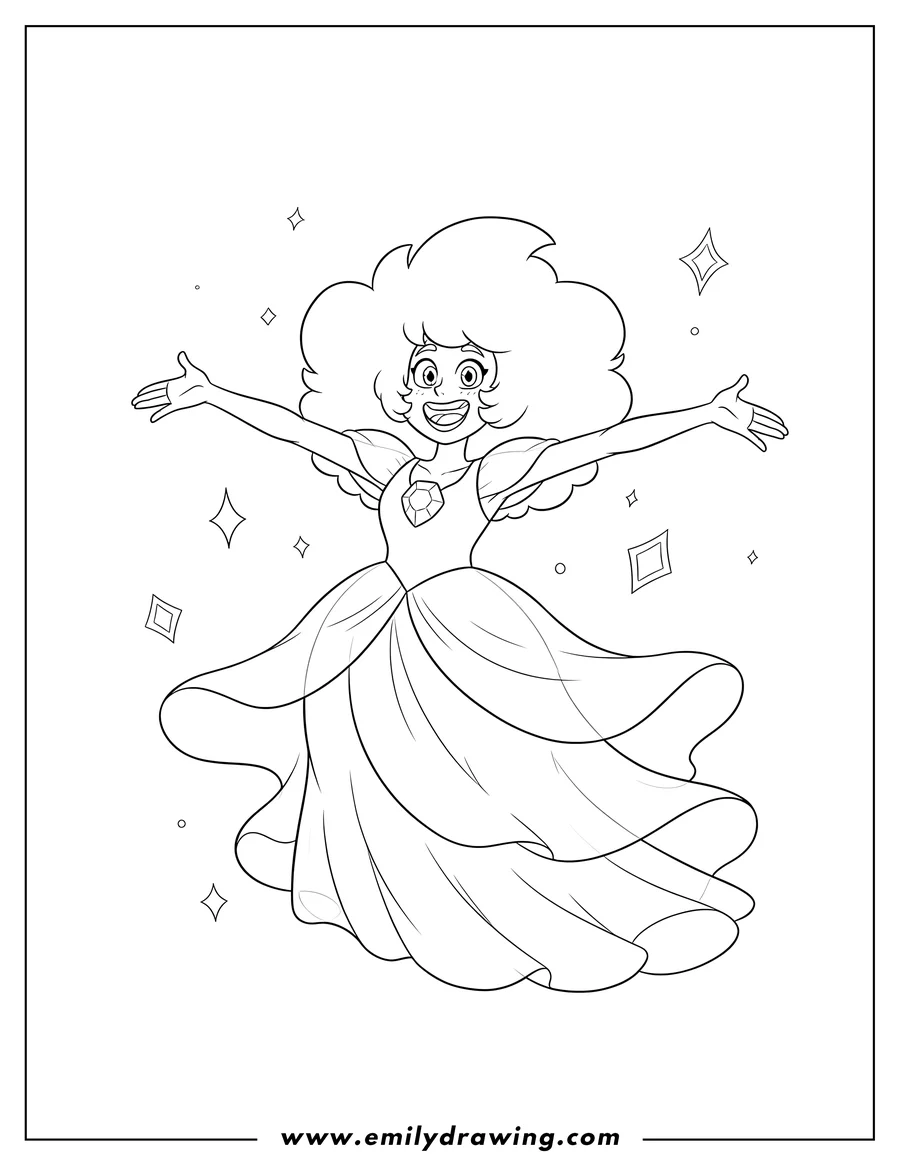 Coloring sheet featuring pink Diamond smiling with outstretched arms