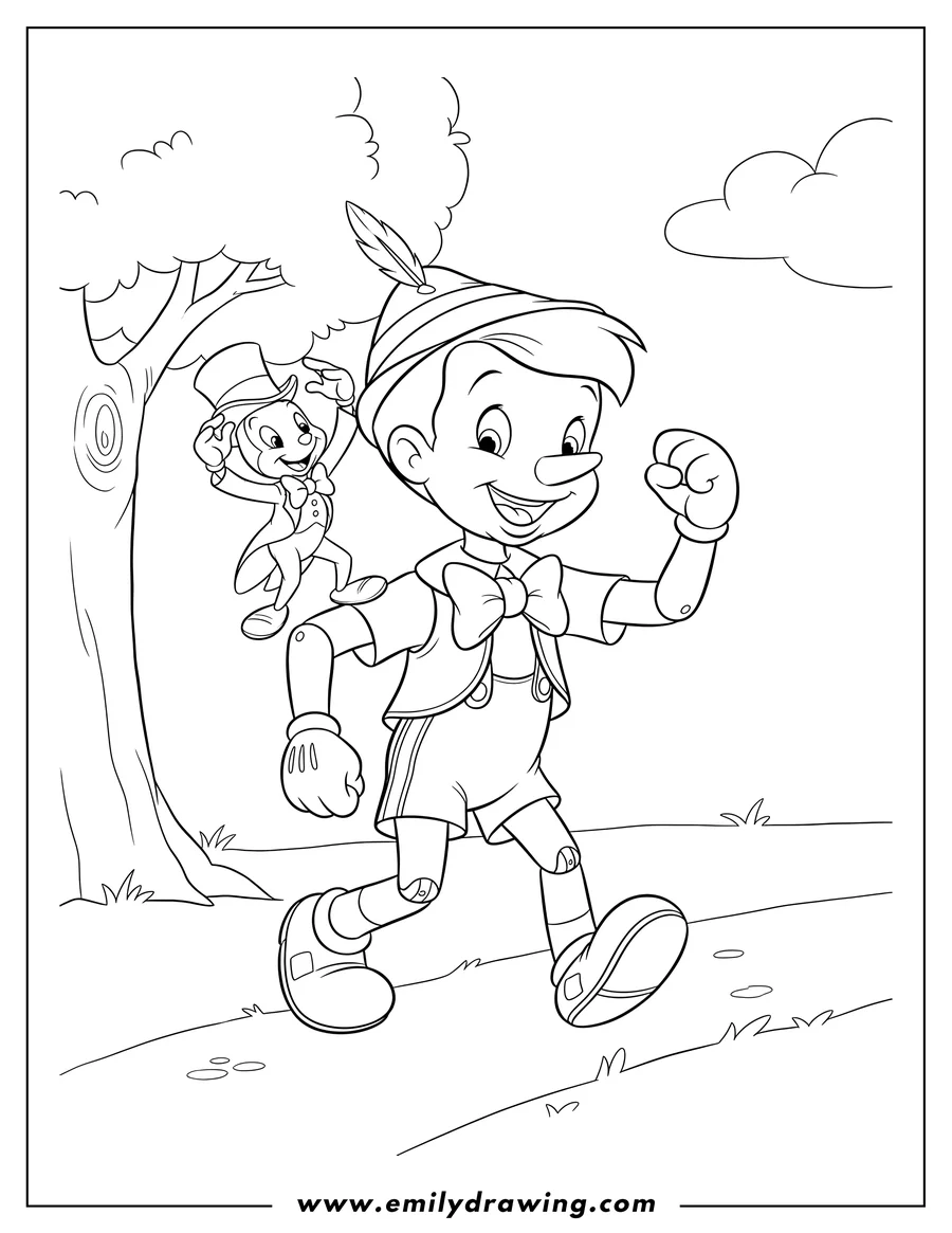 Coloring page for kids: pinocchio smiling and walking, holding Jiminy Cricket on his elbow, who is tipping his hat