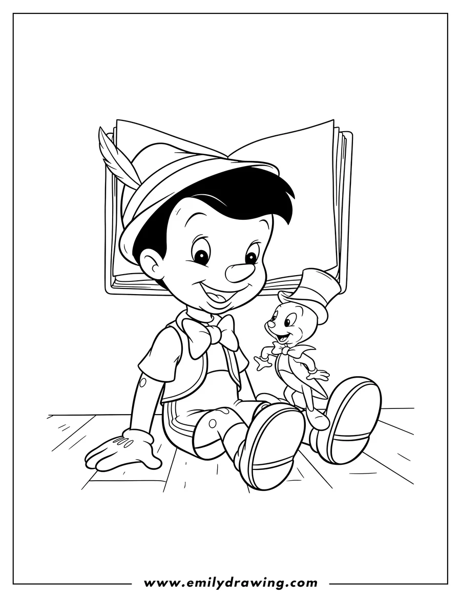 Vector style outline of pinocchio Movies, Pinocchio sitting with Jiminy Cricket on his knee
