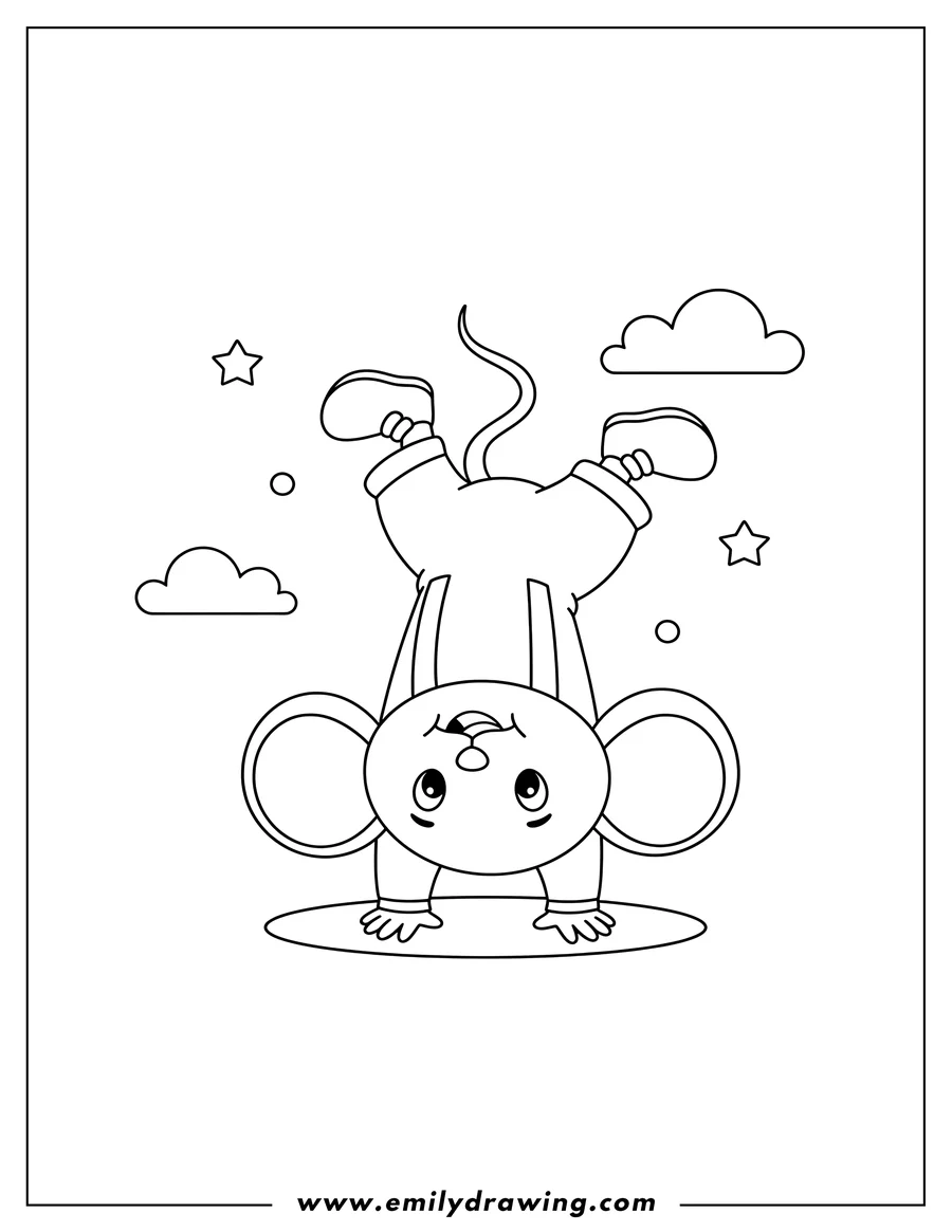 Vector style outline of cute, smiling, mouse-like pipsqueak doing a handstand, for preschoolers