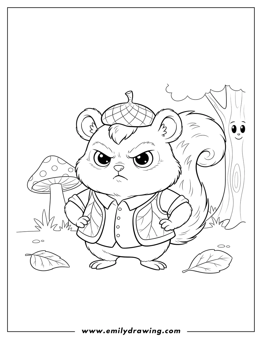 Full page coloring image of pipsqueak Forest Preschoolers: furry character standing with hands on hips, looking serious