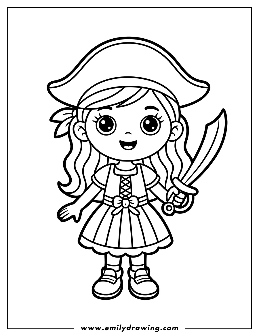 Downloadable coloring page of pirate Girl