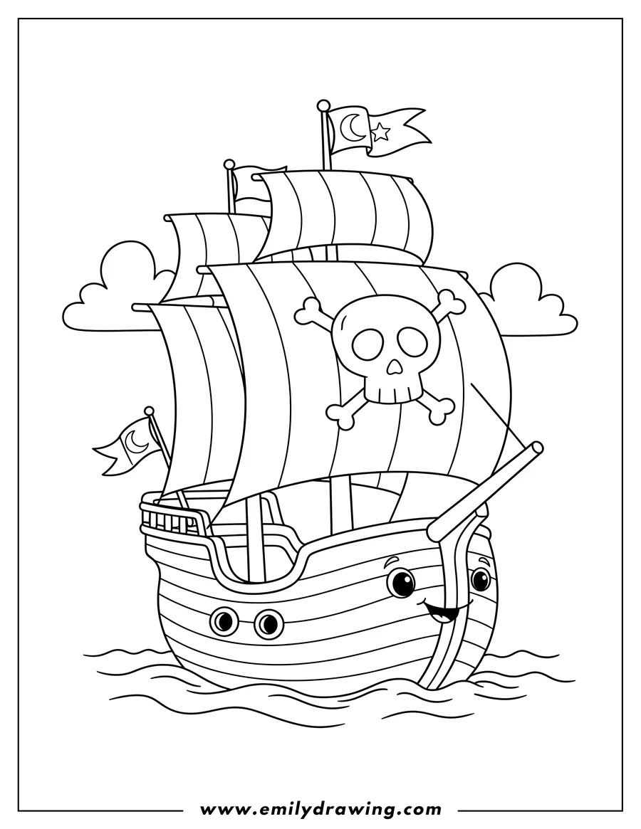 Free printable coloring sheet of cute Pirate Ship with striped sails, a prominent skull and crossbones on its main sail, and flags flying, sailing at sea