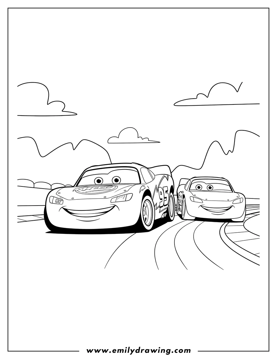 Full page coloring image of pixar Cars Lightning McQueen and another race car racing on a track