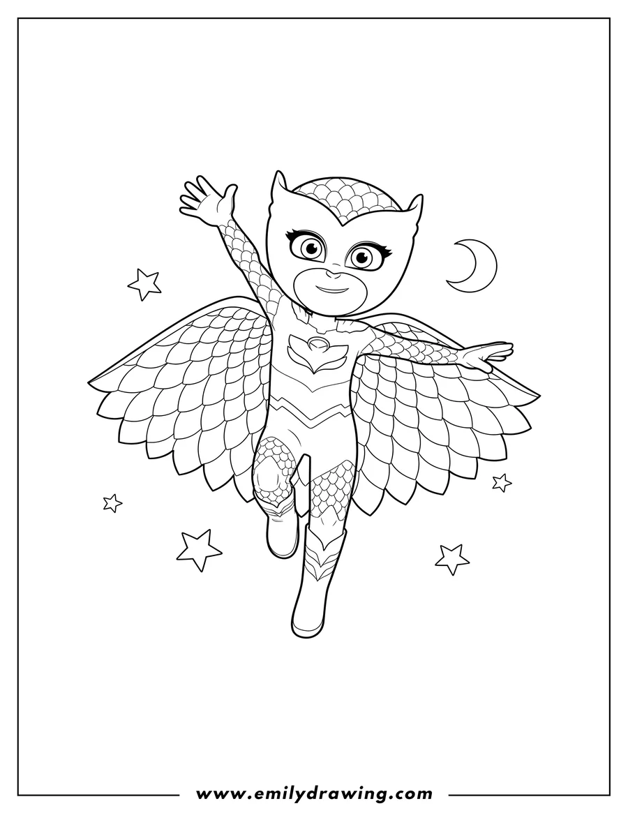 Doodle style coloring picture of pj Mask Owlette with arm raised, wings spread, and standing on one leg