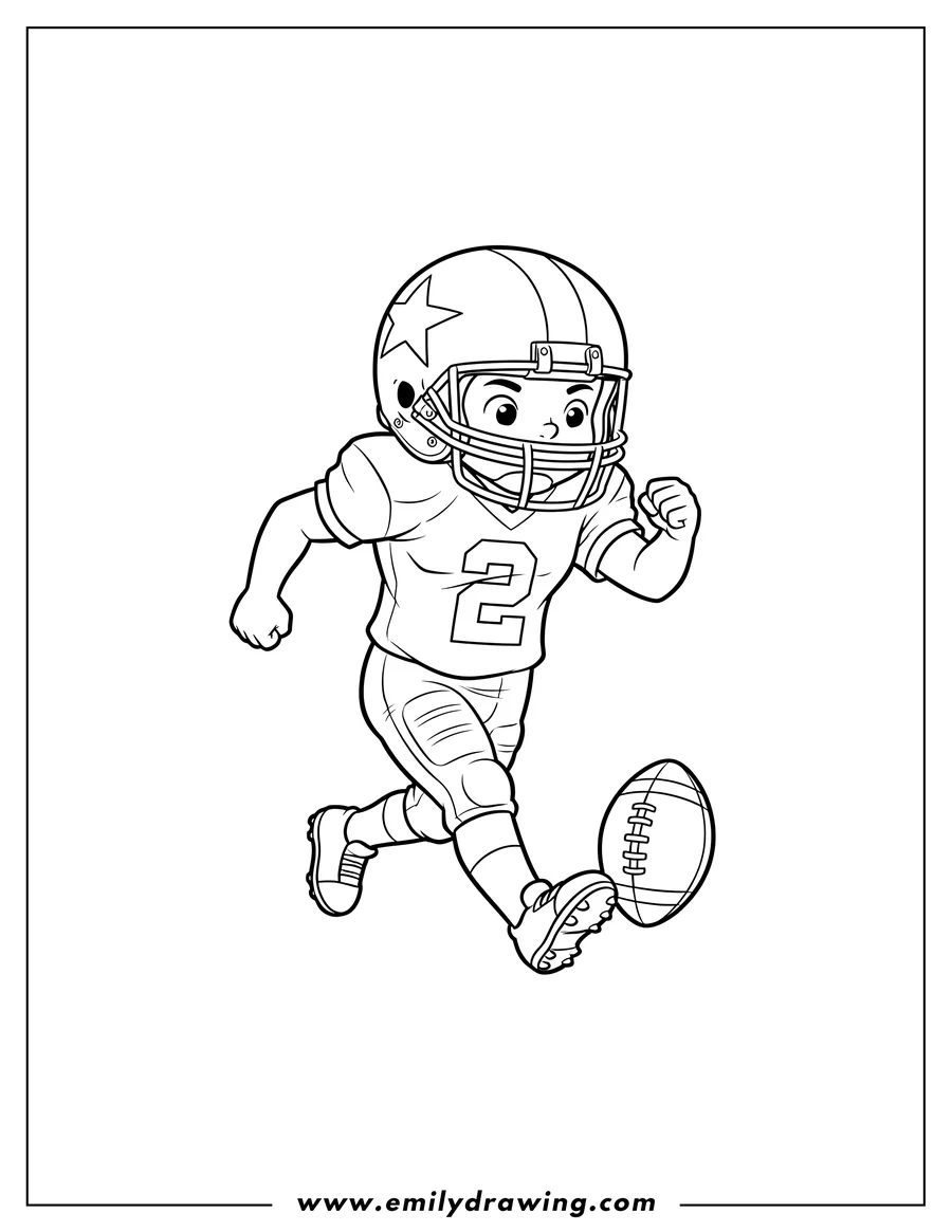 Free printable coloring sheet of football Player running and kicking a ball, wearing jersey number 2 and a helmet with a star