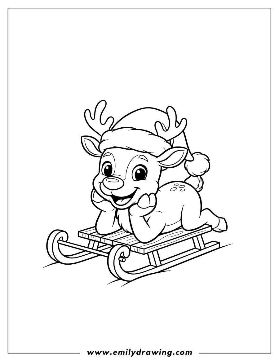 Black and white line art of playful Reindeer in a Santa Hat, lying on its belly on a sled, smiling, for preschoolers