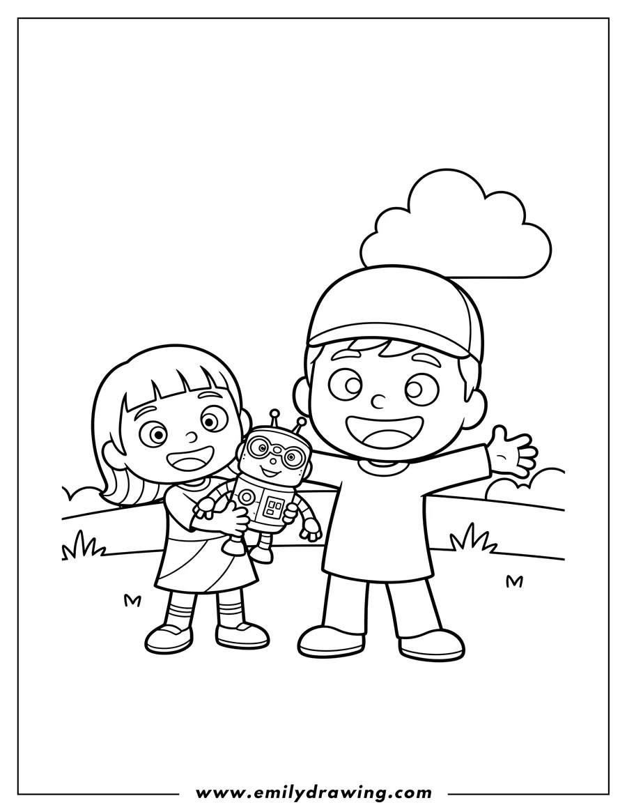 Printable coloring page of pocoyo Tv: Pocoyo and Nina smiling with Roberto