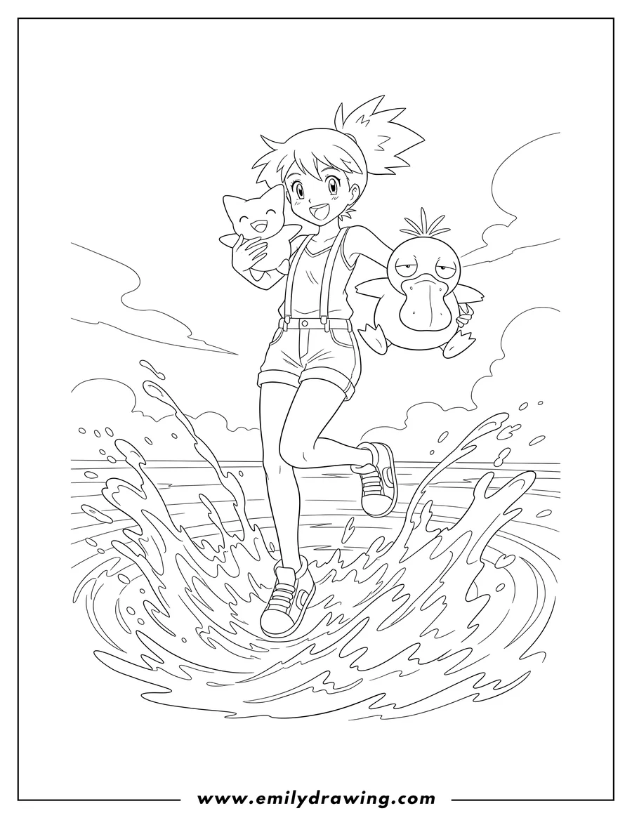 Printable line art of pokemon Anime Misty jumping with Togepi and Psyduck in splashing water