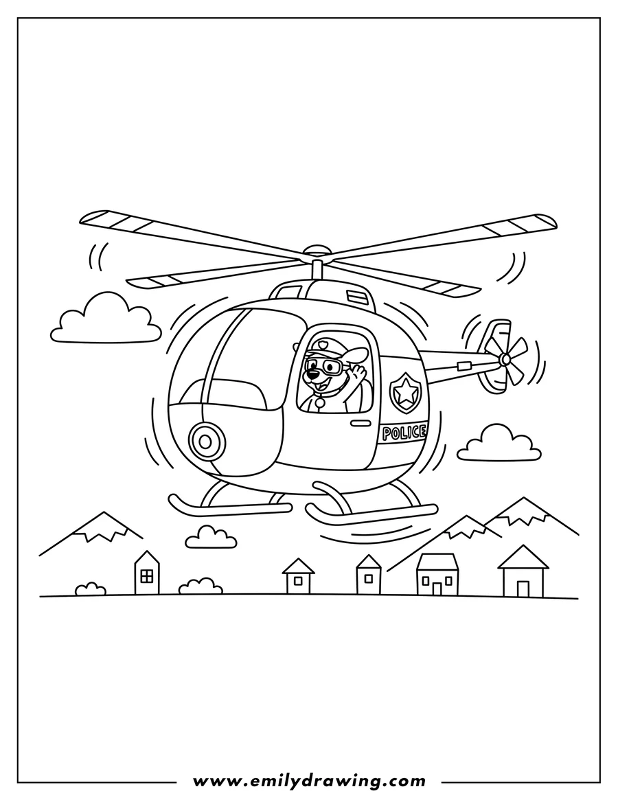 Doodle style coloring picture of police helicopter flying