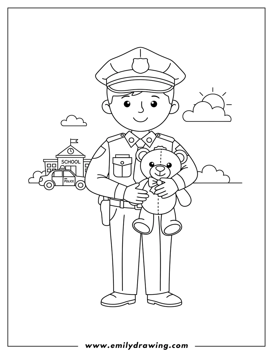 Clean line drawing: police Officer Community Helper Flashcard, smiling and holding a teddy bear
