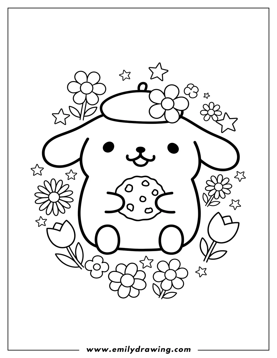Simple sketch of cute Pompompurin holding a cookie, with a flower on its hat, surrounded by flowers and stars to color