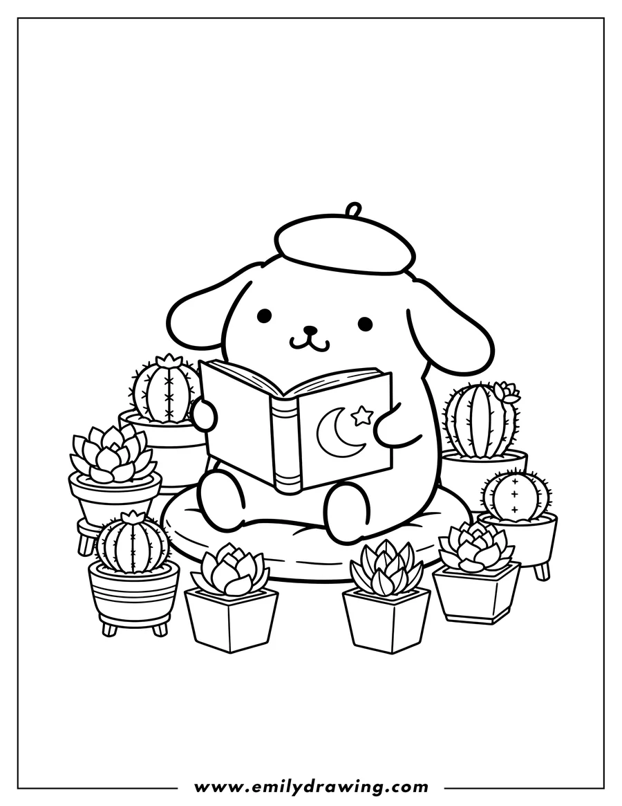 Free printable coloring sheet of pompompurin wearing a hat, sitting and reading a book while surrounded by succulents