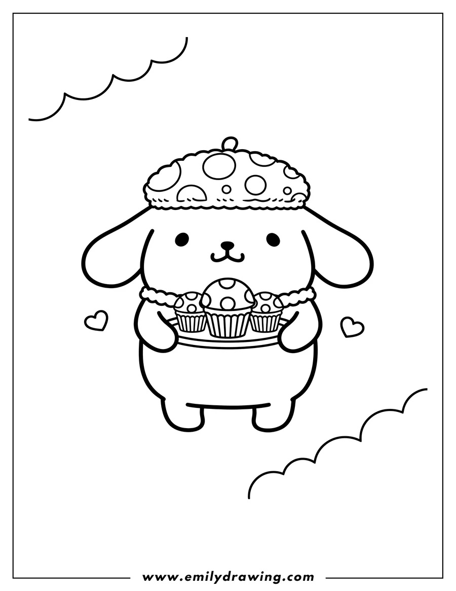 Printable coloring page of cute Pompompurin wearing a spotted beret, holding a tray of three mushroom cupcakes