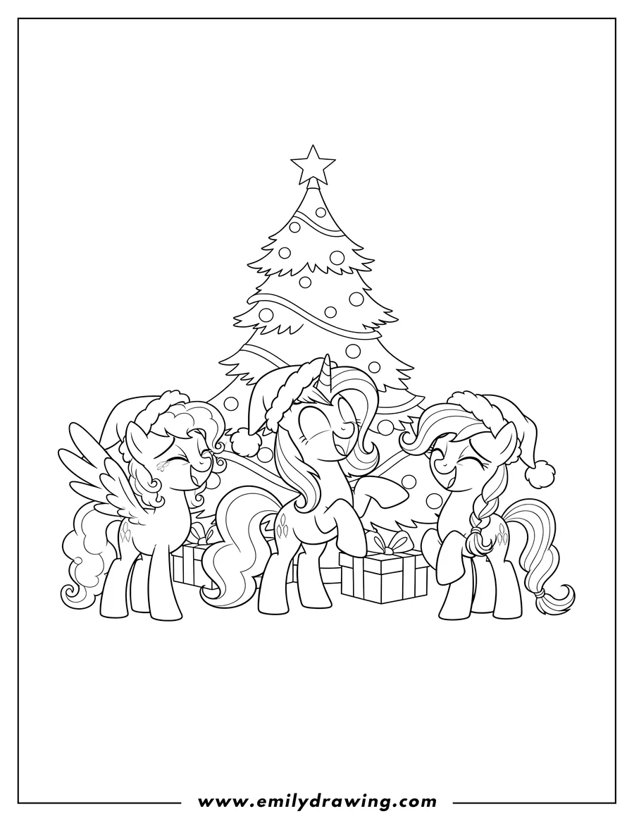 Vector style outline of my Little Pony ponies wearing Santa hats and laughing, in front of a decorated Christmas tree
