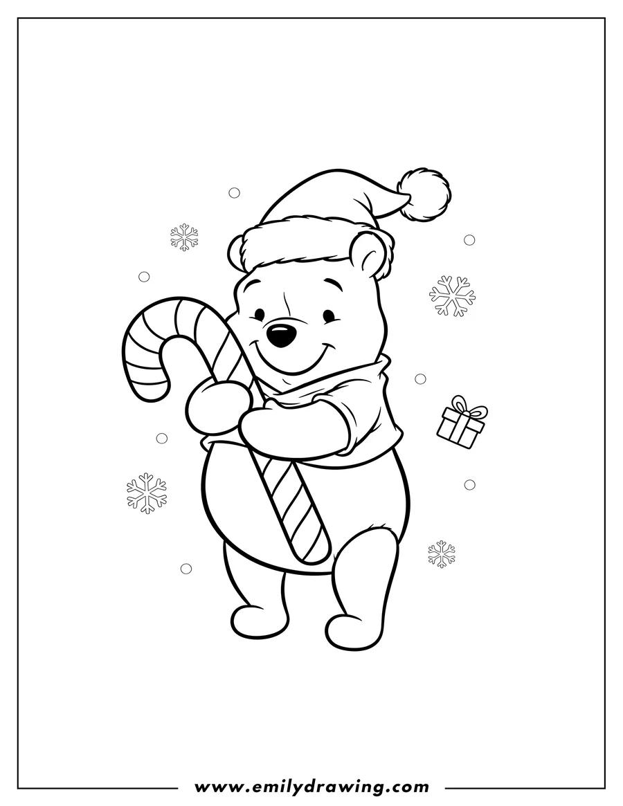 Simple sketch of cute Pooh Bear wearing a Christmas hat, hugging a large candy cane to color