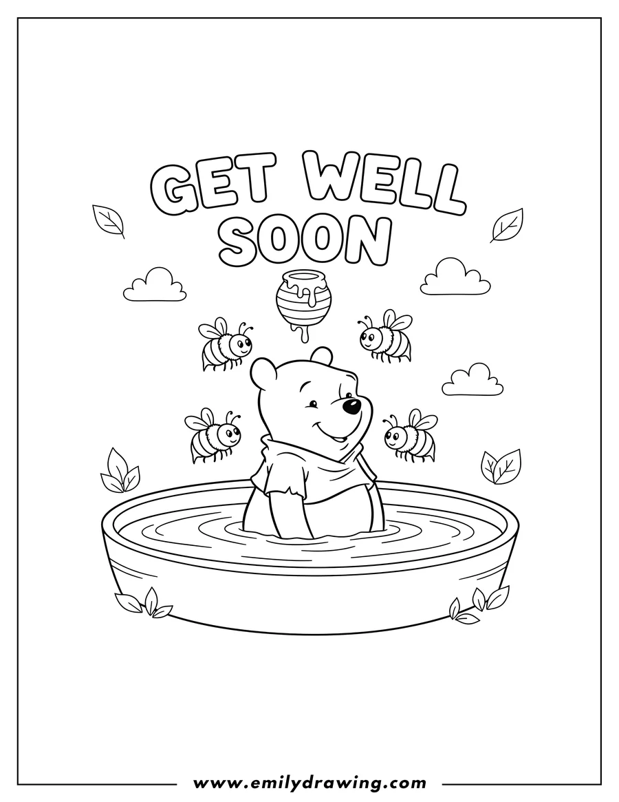Coloring page for kids: get Well Soon Words with Pooh sitting in water, surrounded by bumblebees