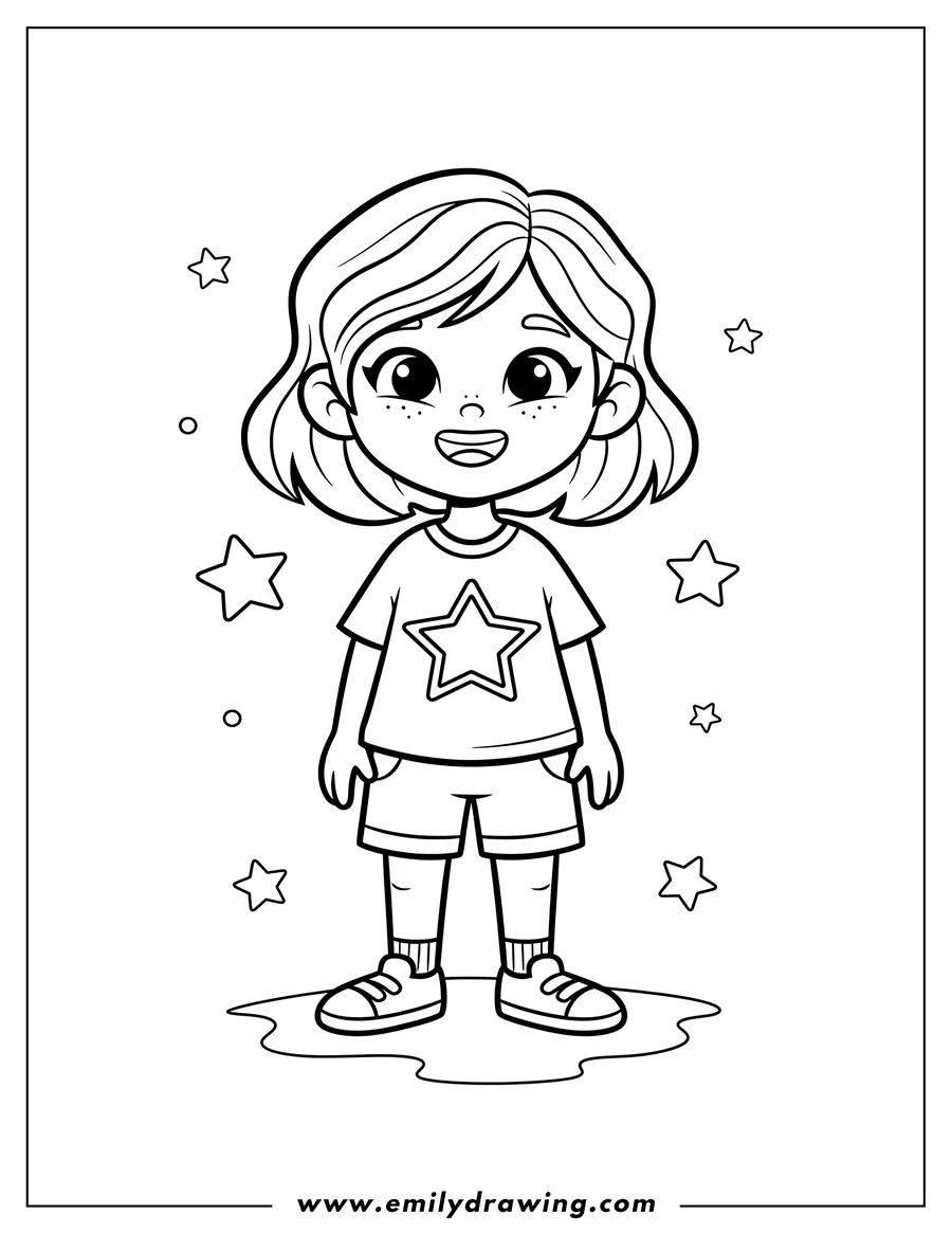 Coloring sheet featuring cute Poppy Peepleson smiling and standing, with a star on her shirt
