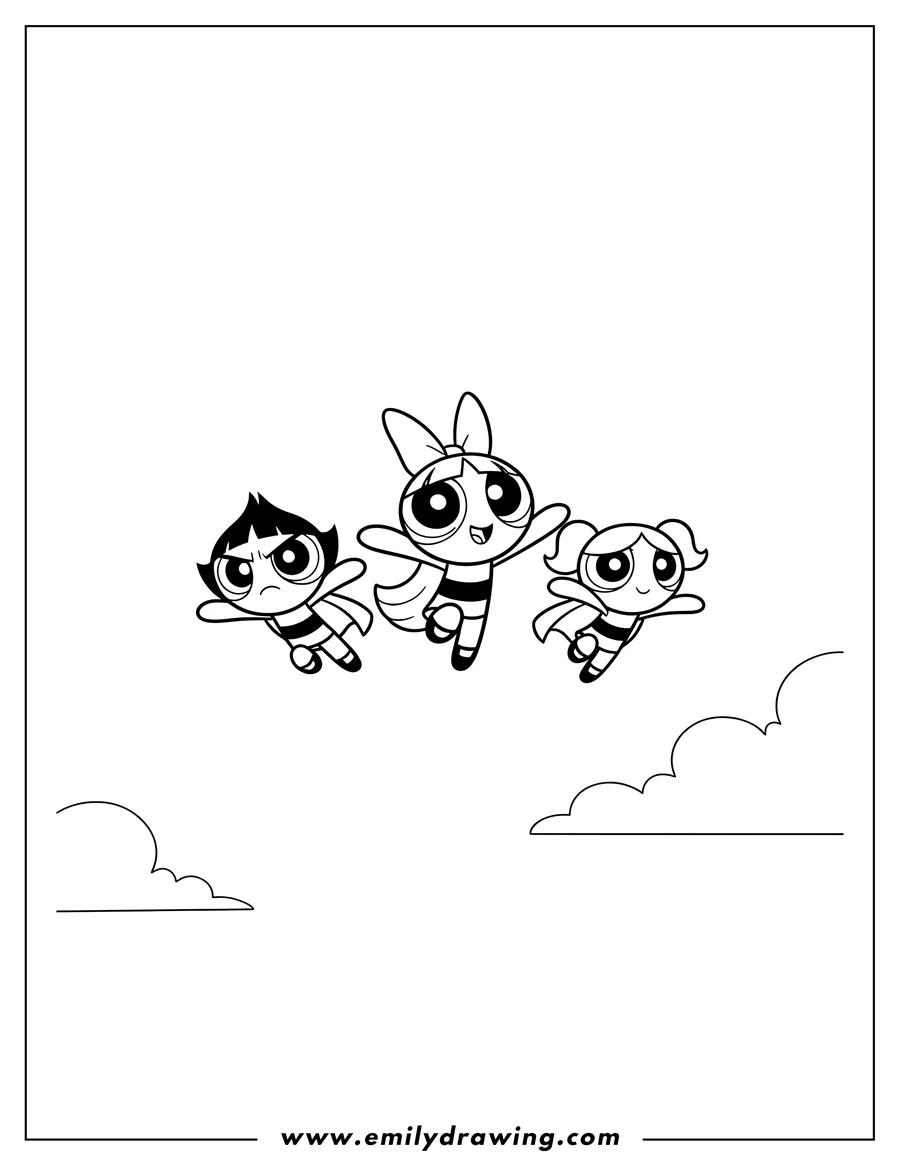 Coloring page of powerpuff Girls Blossom Buttercup And Bubbles flying and looking up