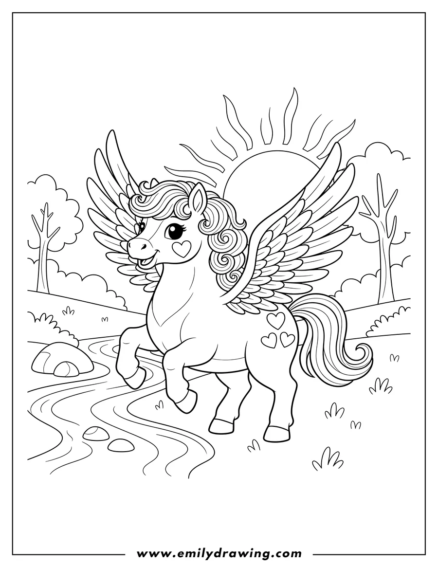 Free to print drawing of cute prancing pegasus with heart markings by forest stream at sunset