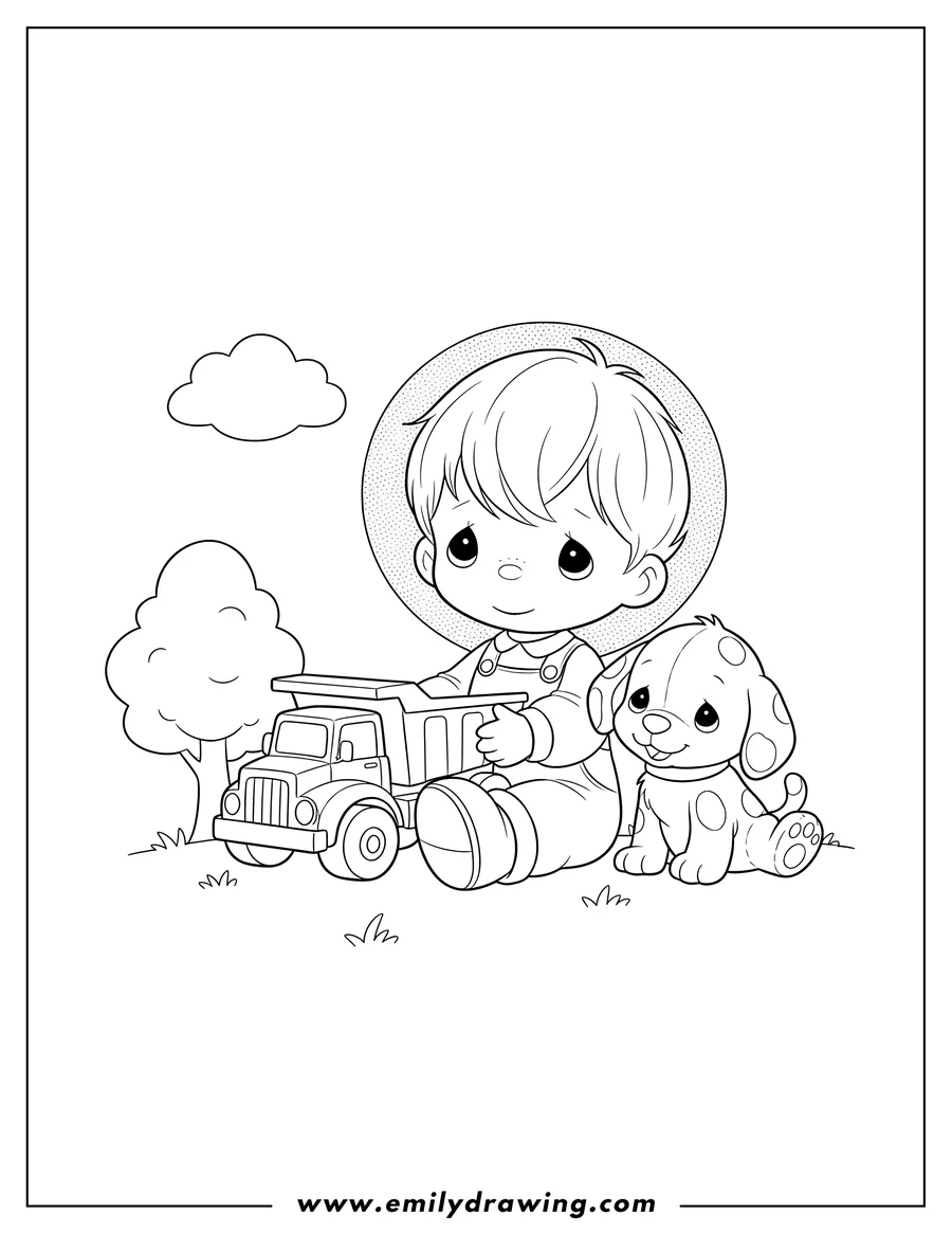 Doodle style coloring picture of precious Moments Boy sitting and holding a toy truck, with a spotted puppy beside him