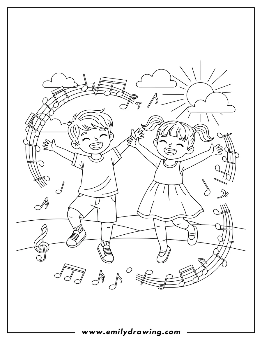 Black and white line art of cute boy and girl preschoolers dancing happily outdoors, with arms outstretched and one leg lifted, surrounded by musical notes