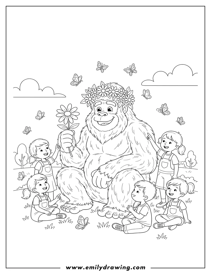 Clean line drawing: pretty Bigfoot with flower crown sitting and holding a flower, surrounded by butterflies, preschoolers
