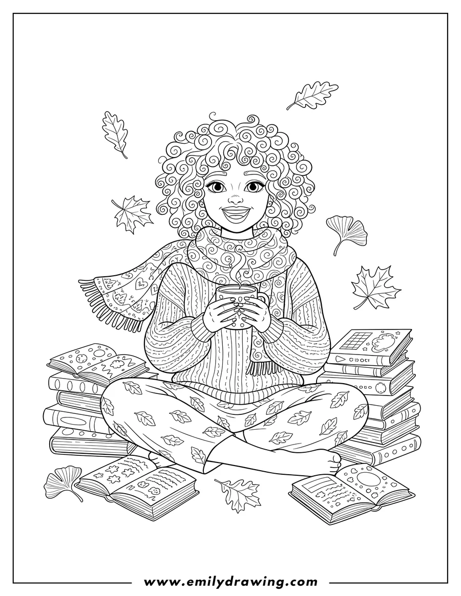 Clean line drawing: pretty curly-haired woman smiling, sitting cross-legged, wearing a scarf, holding a steaming mug, surrounded by books and autumn leaves