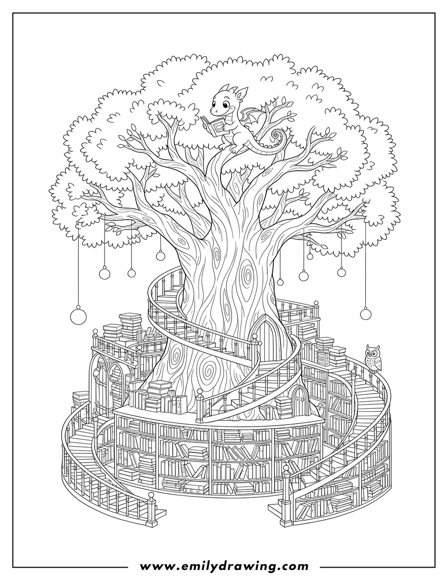 Printable line art of pretty Fantasy Library With Massive Tree Middle, surrounded by bookshelves and winding stairs