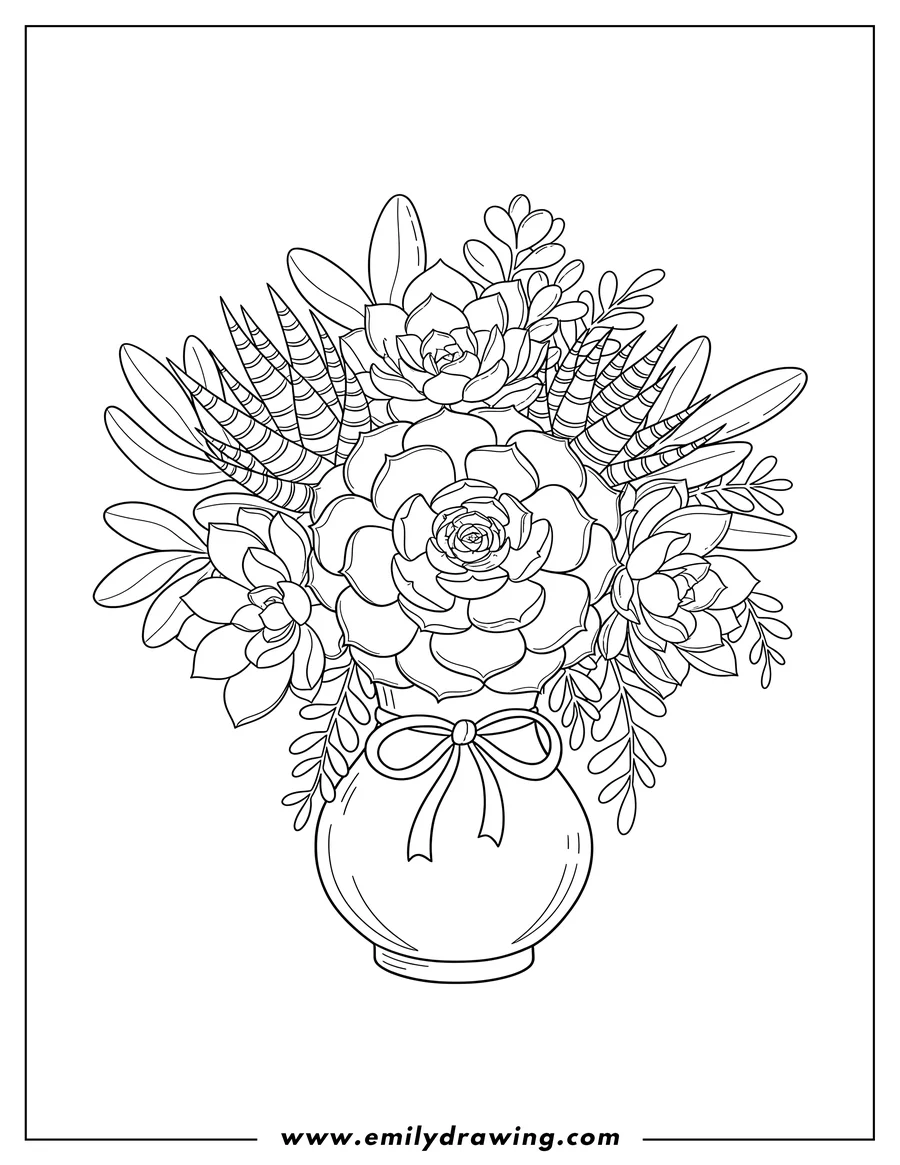 Free to print drawing of A pretty bouquet of Echeveria, Haworthia, and other leafy succulents