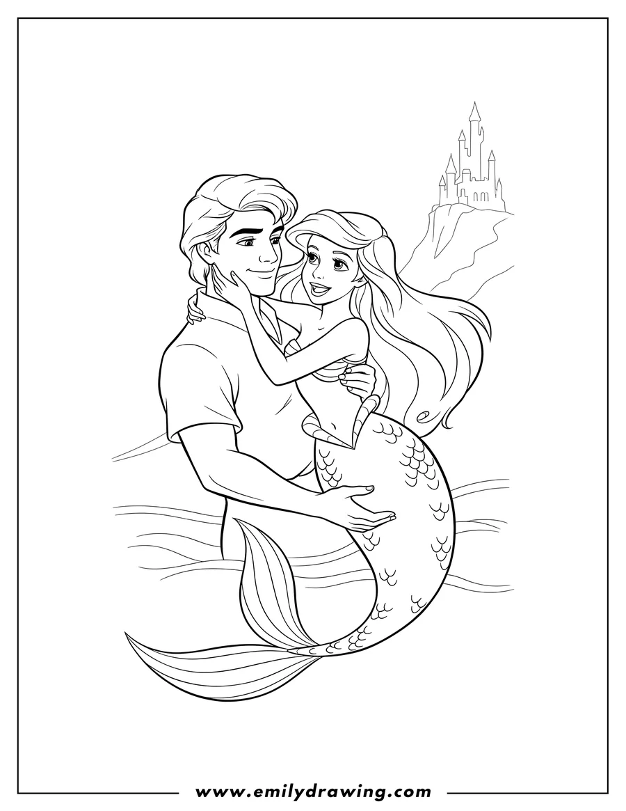Doodle style coloring picture of prince Eric carrying smiling mermaid Ariel, who is gently touching his face