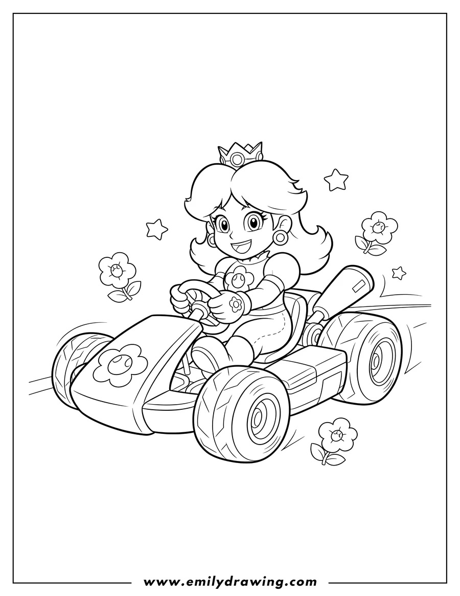 Printable coloring page of princess Daisy from Mario Kart driving her go-kart to color