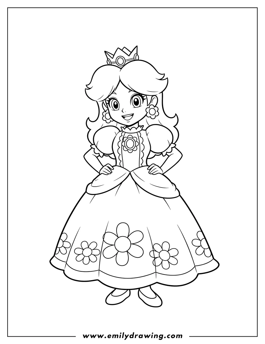 Outline drawing of cute Princess Daisy smiling, standing with hands on hips, wearing a crown, for preschoolers