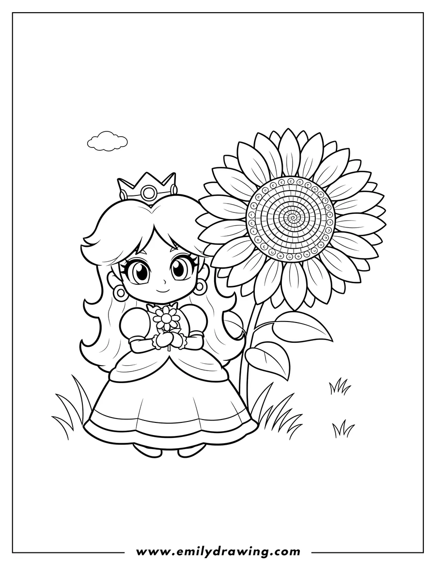 Downloadable coloring page of princess Daisy in cute chibi style, holding a small flower and standing next to a large sunflower