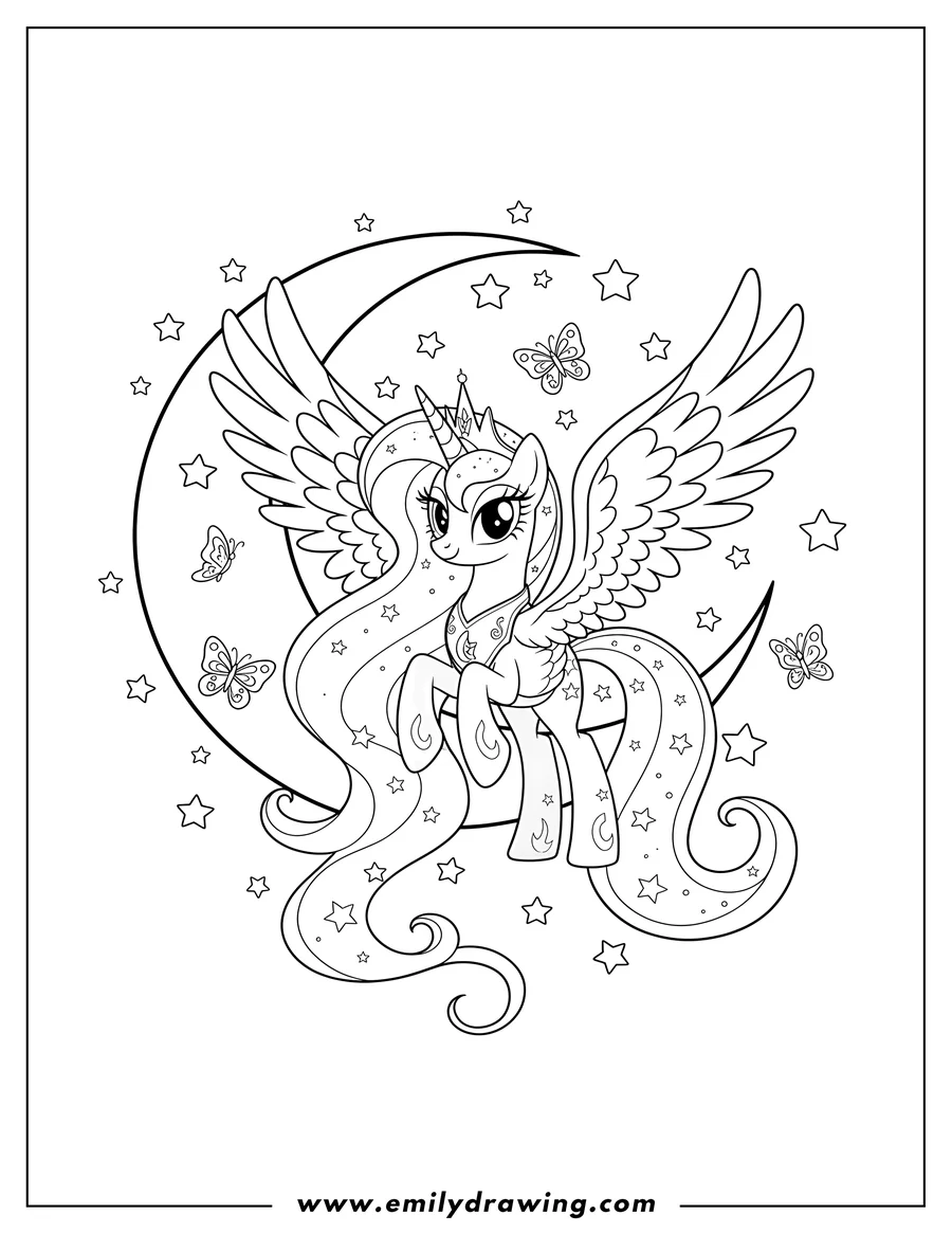 Free printable coloring sheet of princess Luna, an alicorn with spread wings, against a crescent moon, surrounded by stars and butterflies