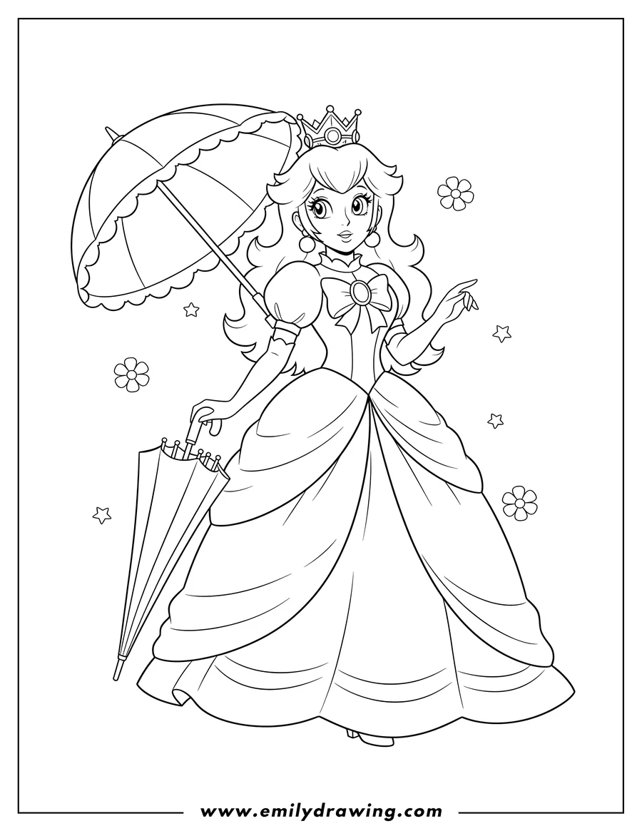 Printable line art of princess Peach wearing a crown and holding a parasol