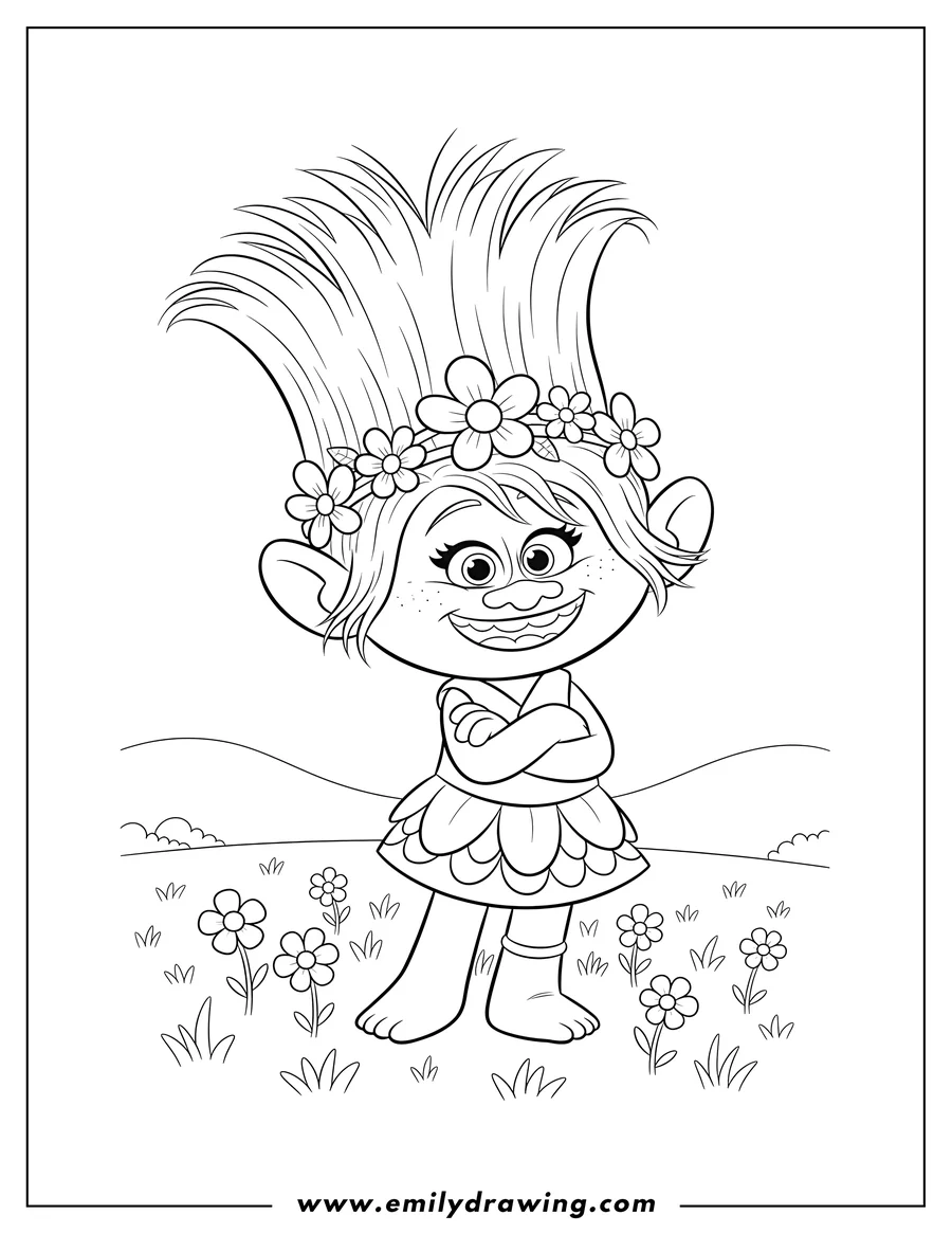 Simple sketch of princess Poppy wearing a flower headband, arms crossed, smiling, standing in a field to color