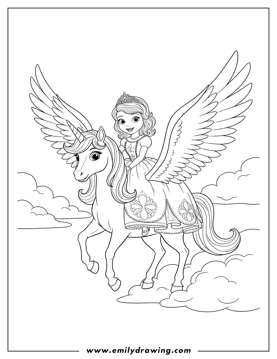 Linear illustration of princess Sofia smiling, riding Skye the unicorn, flying above clouds