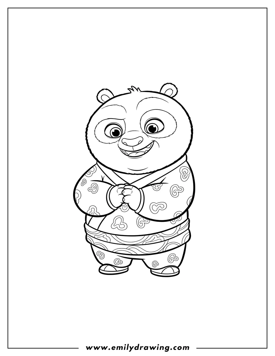 PDF style coloring page: A Kung Fu Panda preschooler, Po, with hands clasped and a mischievous smile