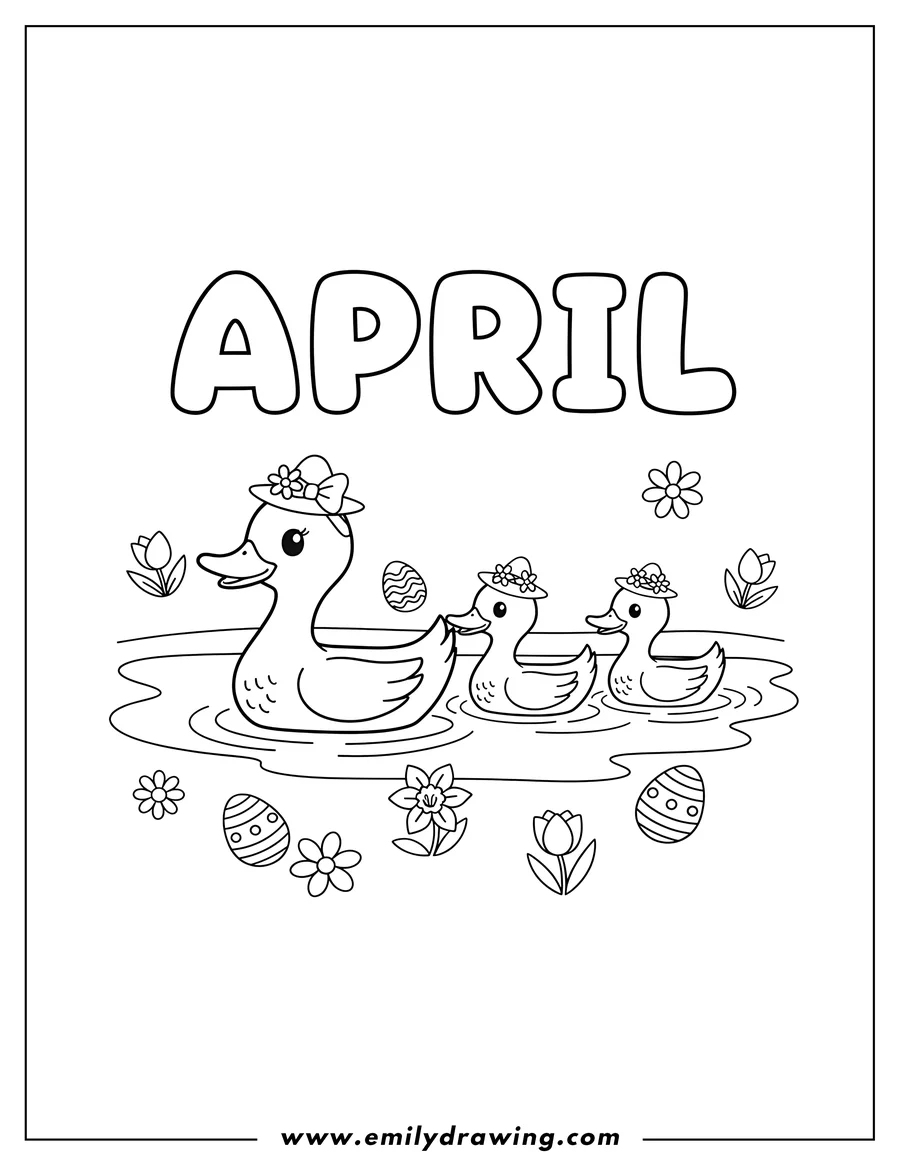 Coloring page of april Easter V3, featuring the word 'April' above three swimming ducks