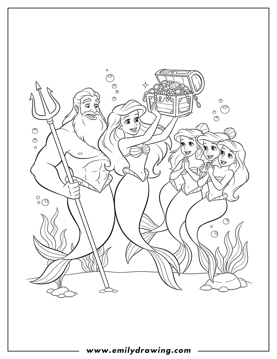 Simple sketch of ariel with King Triton and her sisters admiring a treasure she holds to color
