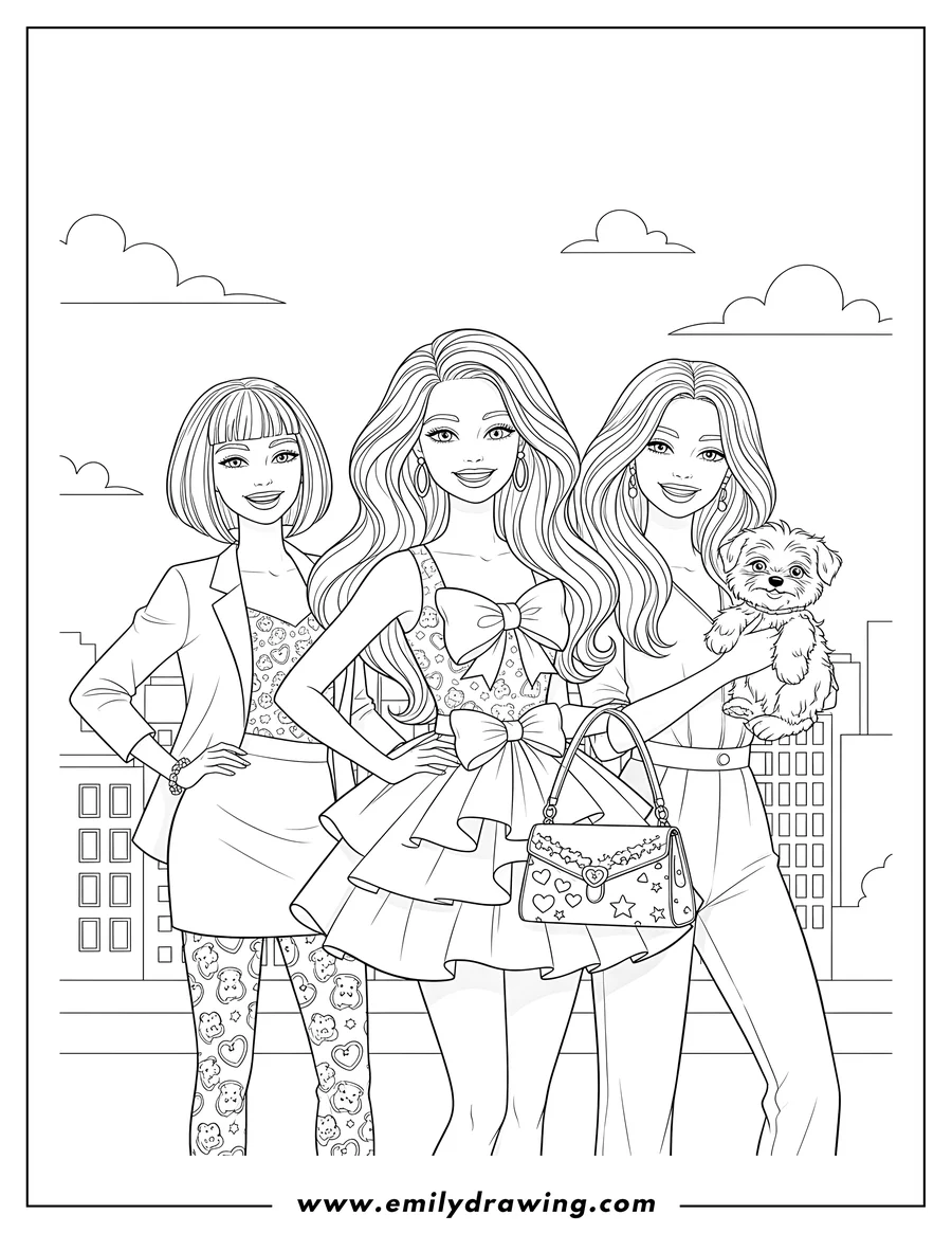 Full page coloring image of barbie and three friends posing, with one holding a puppy in a purse